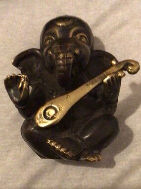 Black and Gold Elephant Ganesh Figurine with Instrument Ganesha